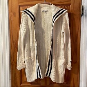Tommy Hilfiger Cream Cable-Knit Open Cardigan with Navy Stripe Trim